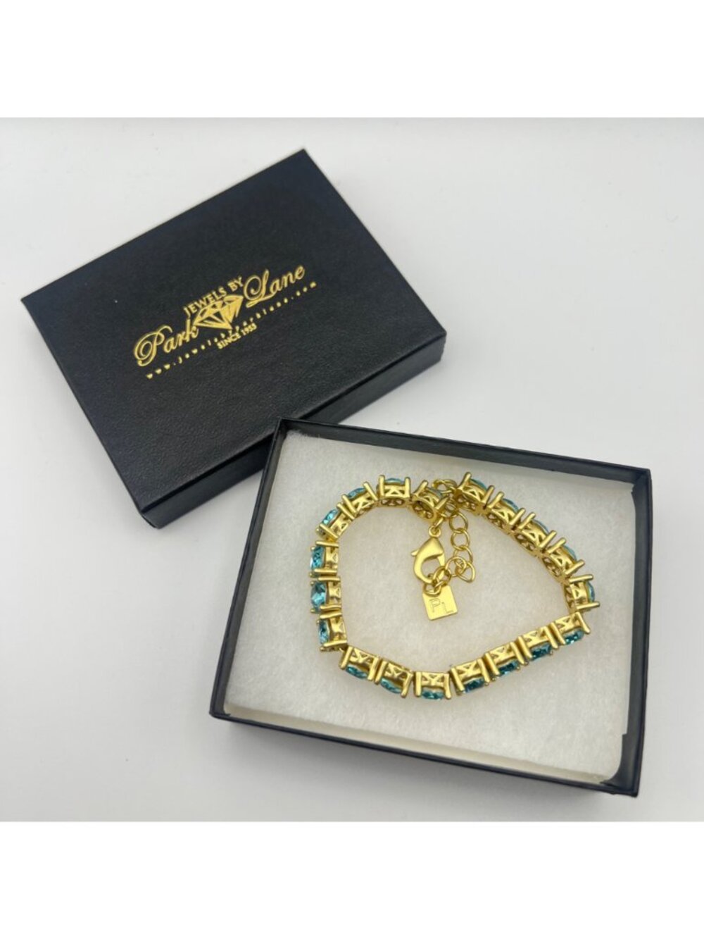 Park Lane Gold-Tone Bracelet Aqua Blue Crystal Tennis Impression Adjustable Box - Picture 3 of 9